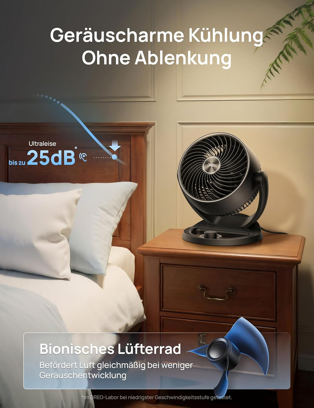 Dreo 28dB leiser Tischventilator, 30cm hoher Ventilator mit Kühlung, 3 Geschwindigkeiten 21m Luftstr