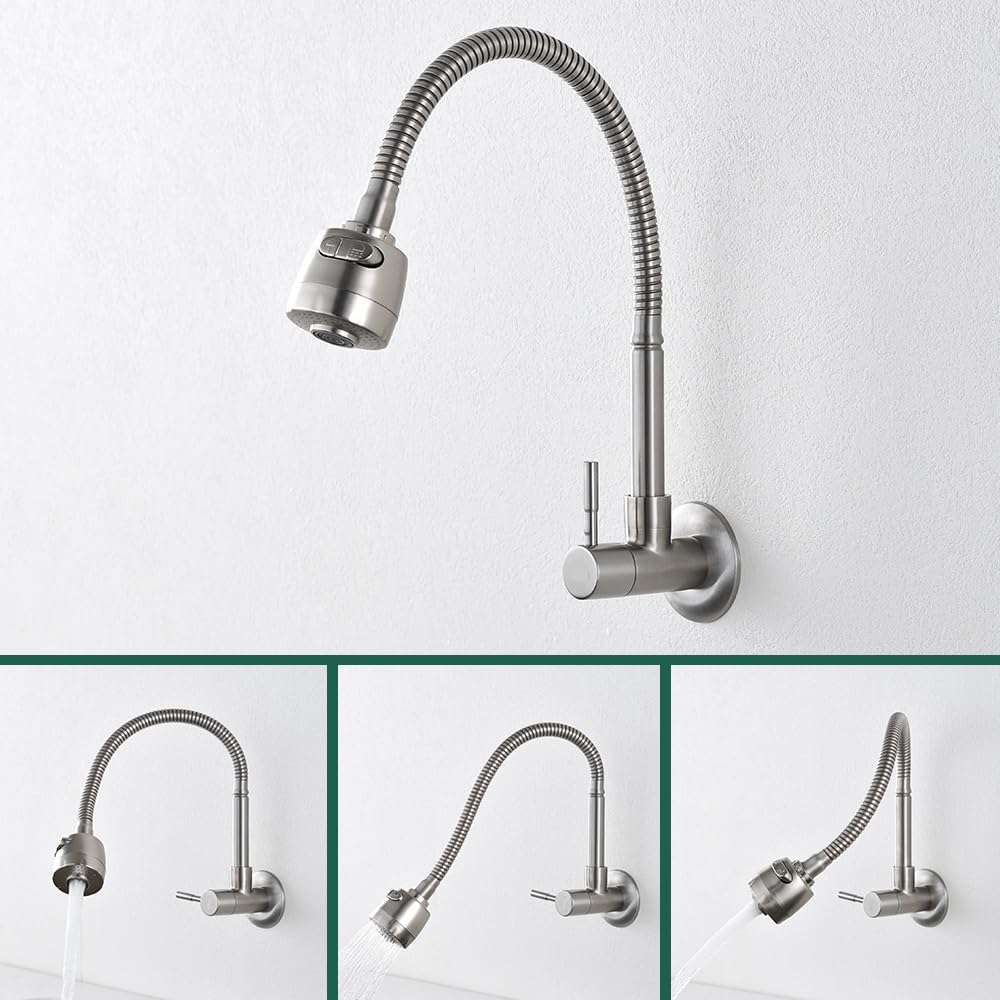 HOMELODY Wasserhahn Küche Wandmontage nur Kaltwasser Armatur Wandarmatur 360° Schwenkbar Doppelfunkt