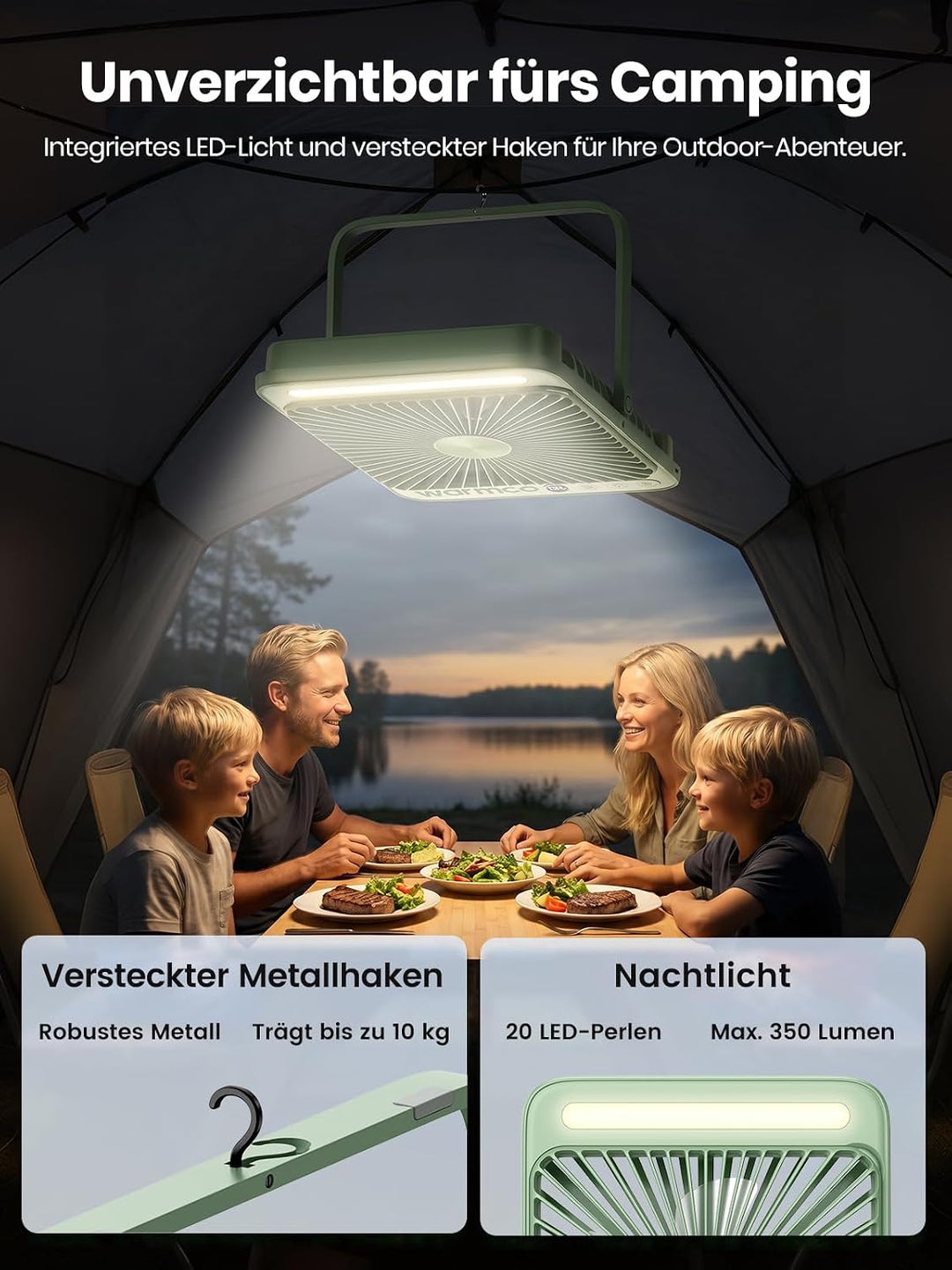 Warmco D4 Max Camping Ventilator 20000mAh, 45W Schnellladen, 2,5H Volladung, Ultraflach Akku Ventila
