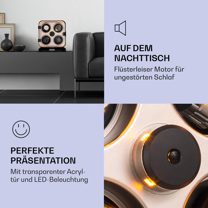 Klarstein Uhrenbeweger für 4 Uhren, Automatik-Uhrenbeweger für Damen & Herren, Uhrenbeweger für Auto