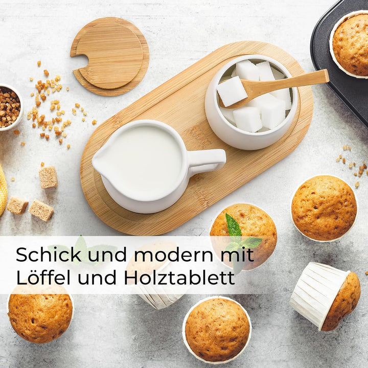 MIAMIO - Milch und Zucker Set mit Deckel und Löffel/Keramik Milchkännchen mit Holz Tablett - Mikrowe