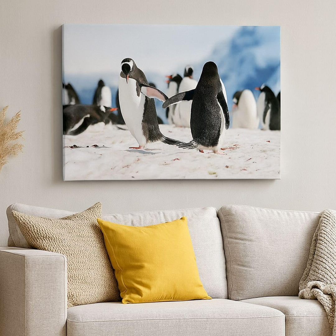 Bilder auf Leinwand 100x70cm Leinwandbild Pinguine Winter Natur Schnee Gross Wanddeko Bild Schlafzim