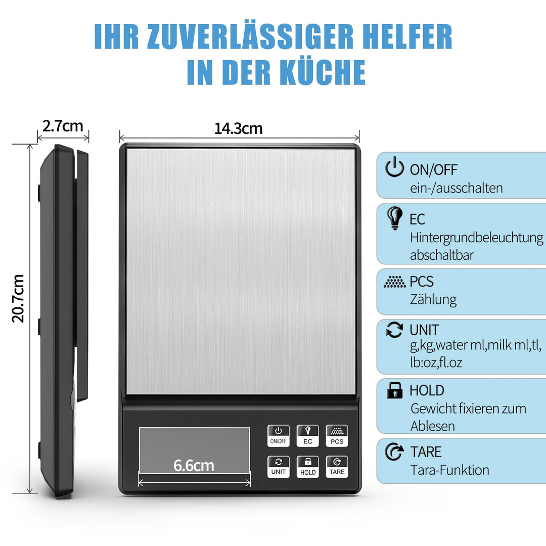 Hochpräzise Digitale Küchenwaage 2kg/1g, Bäckereiwaage mit Prozentfunktion, Edelstahl Wiegeplatte, 2