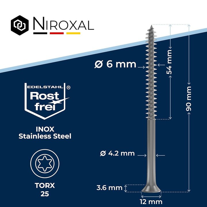 Holzschrauben Torx Schrauben 6x90 Edelstahl V2A rostfrei Spanplattenschrauben für Holz Teilgewinde 6