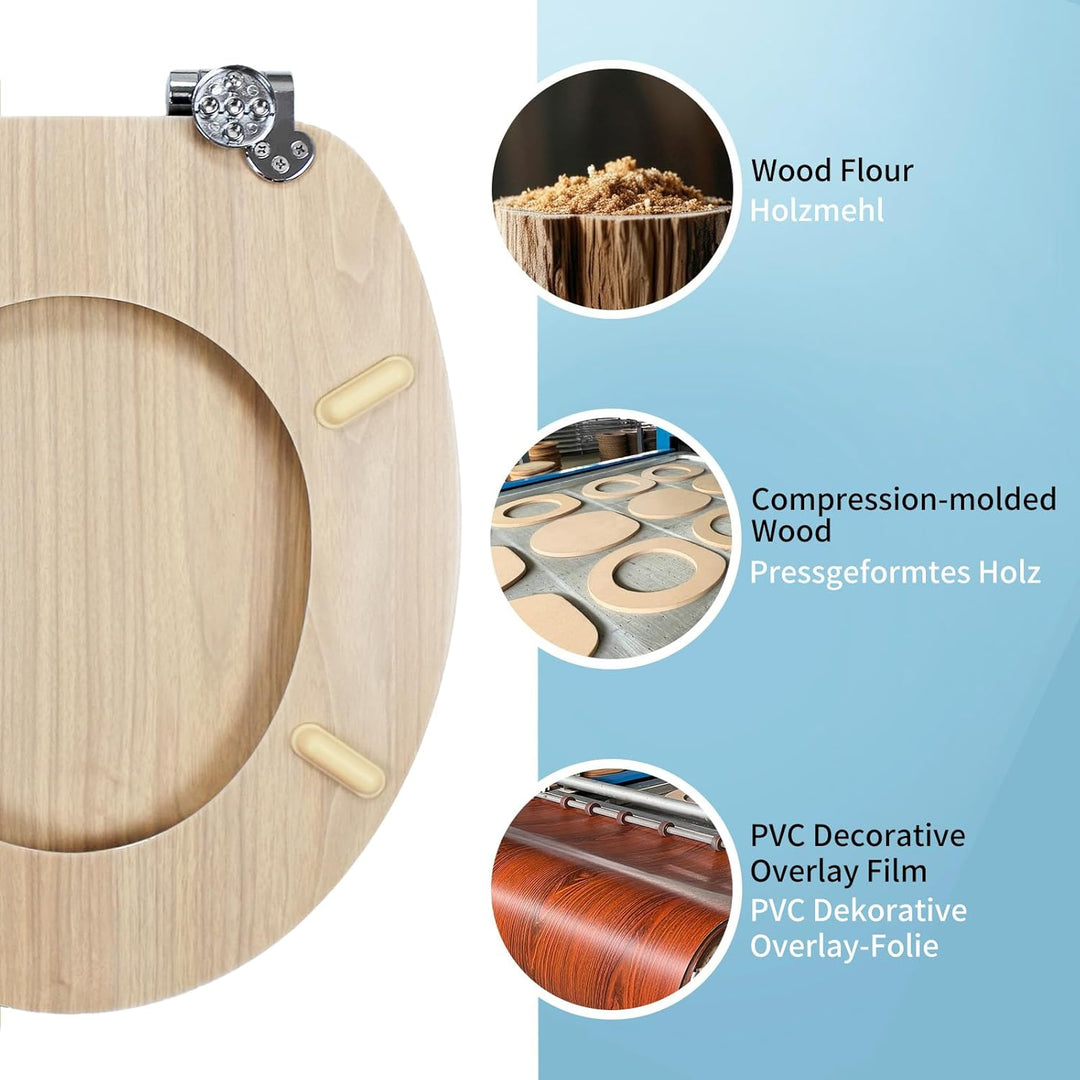 WC-Sitz mit Absenkautomatik, Toilettendeckel aus stabilem MDF-Holzkern, Verstellbare Scharniere aus