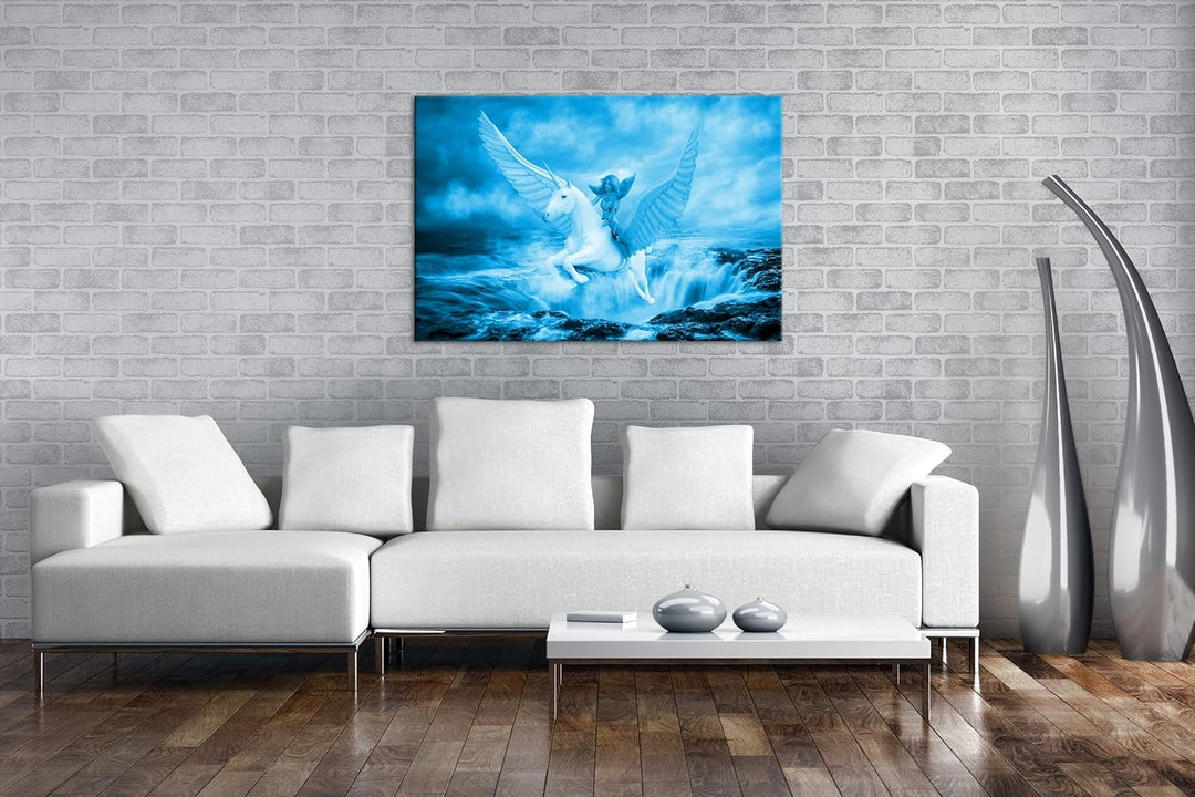 Frau auf dem edlen Pegasus Format: 80x60 Effekt: Monocrome Blau als Leinwand, Motiv fertig gerahmt a