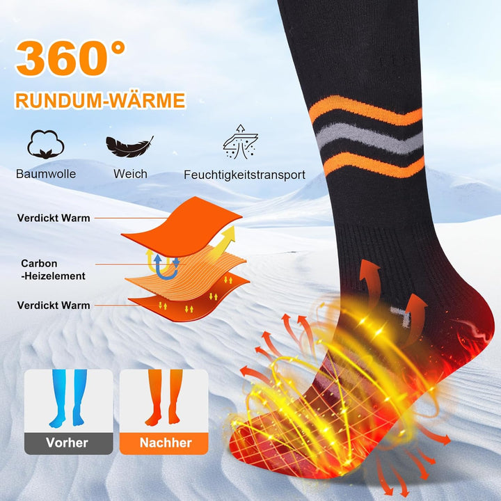 Beheizbare Socken Damen Herren, 2 X 5000mAh/5V Wiederaufladbare Heizsocken Warme Socken Bis zu 65℃ 3