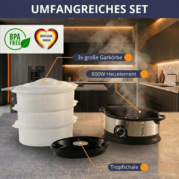 STEAMY 800 Dampfgarer elektrisch,16L XXL Dampftopf, 1200ml Wasserbehälter, 800W, BPA-frei, 3 Dampfga