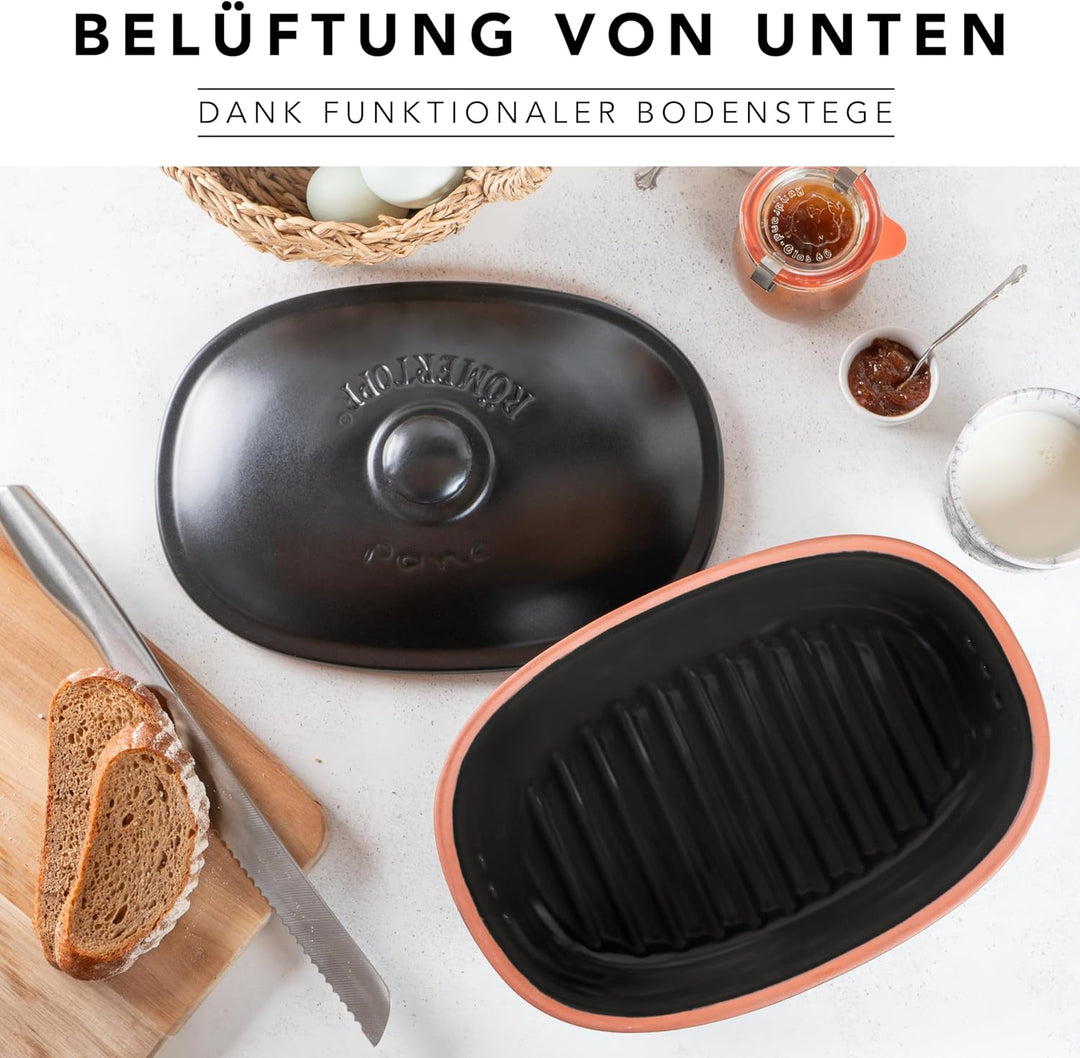 Römertopf Brottopf oval MEDI 2,3 Liter - Brotkasten Schwarz aus Keramik - Atmungsaktiver Tontopf für