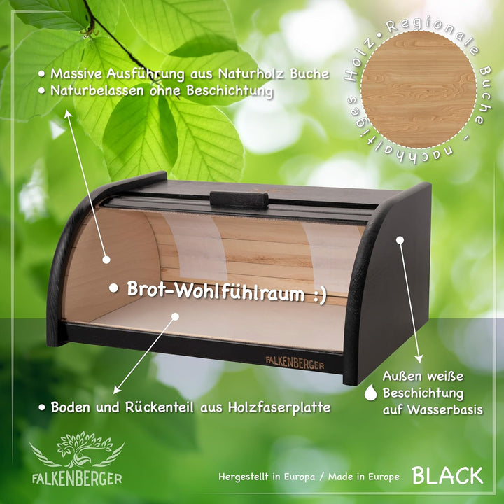 Brotkasten aus Holz Schwarz ca. 39x29x18cm Rollbrotkasten traditionell Brotbox mit Roll-Deckel Handm
