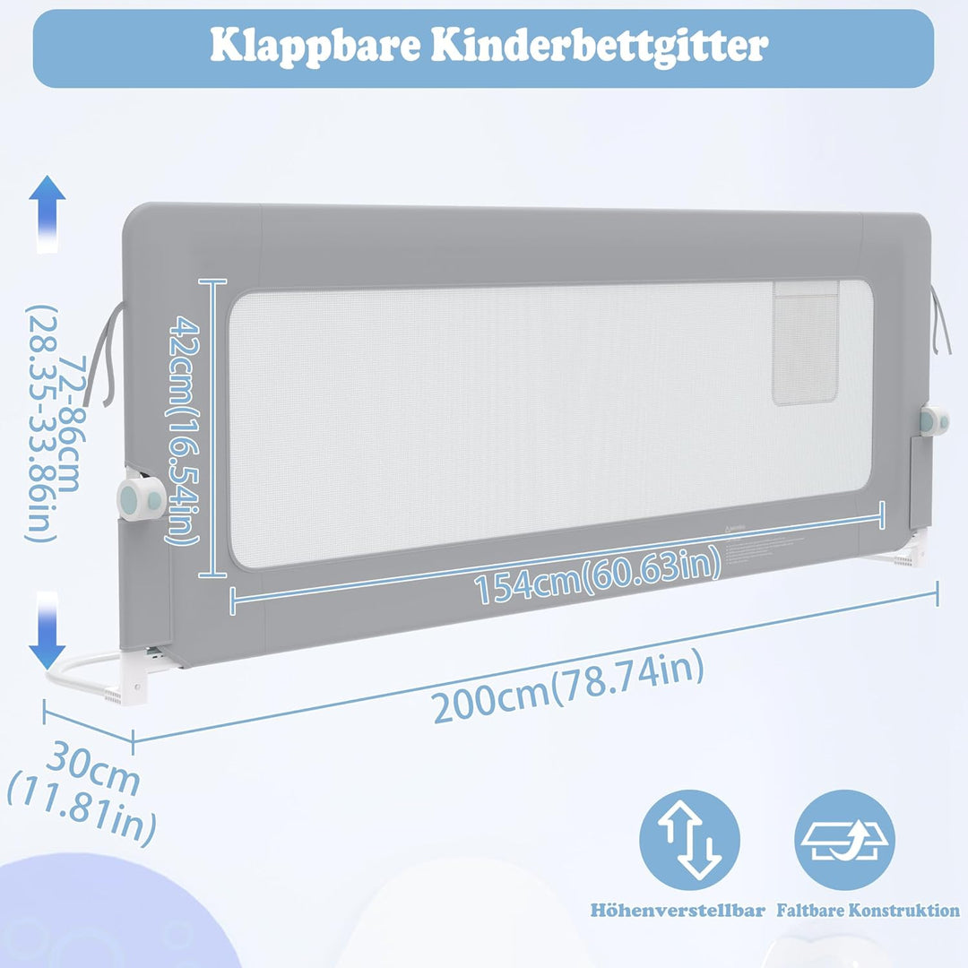 UISEBRT Bettgitter 200cm Bettschutzgitter Klappbar für Kleinkinder, Rausfallschutz Höhenverstellbar