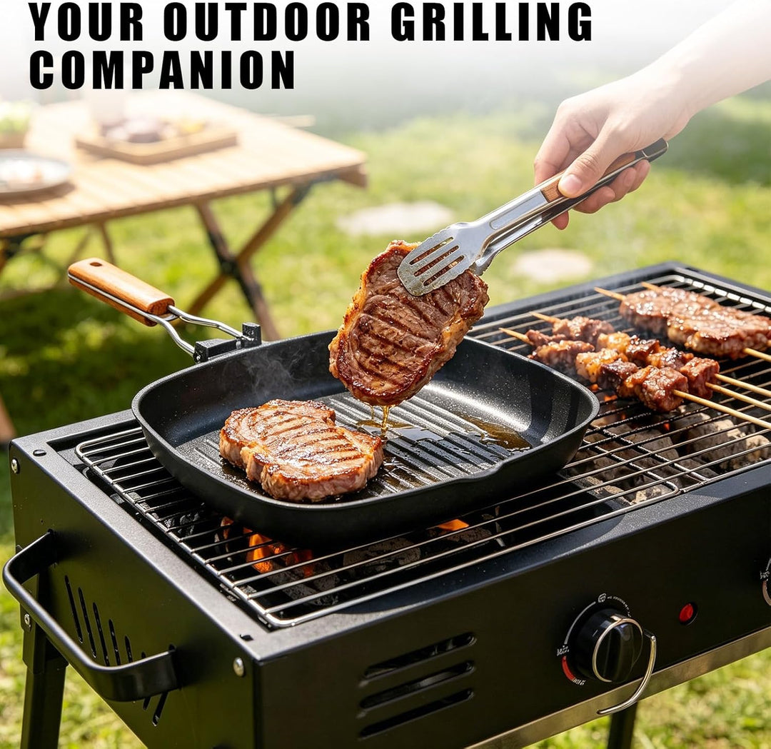 Grillpfanne Induktion, 28 x 28 CM Steakpfanne, Grillpfanne Gusseisen, Antihaft-Grillpfannes Mit Klap