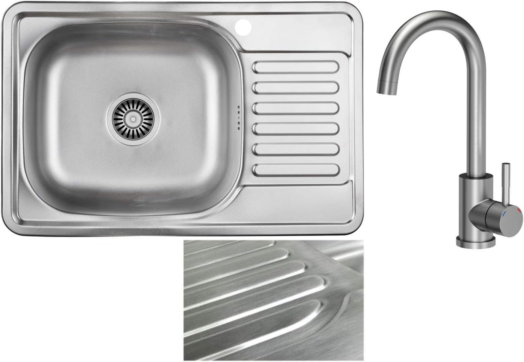 VBChome Einbauspüle mit Armatur 66x42 Satinstruktur Edelstahl Küchenspüle Spüle Ablagefläche Abtropf
