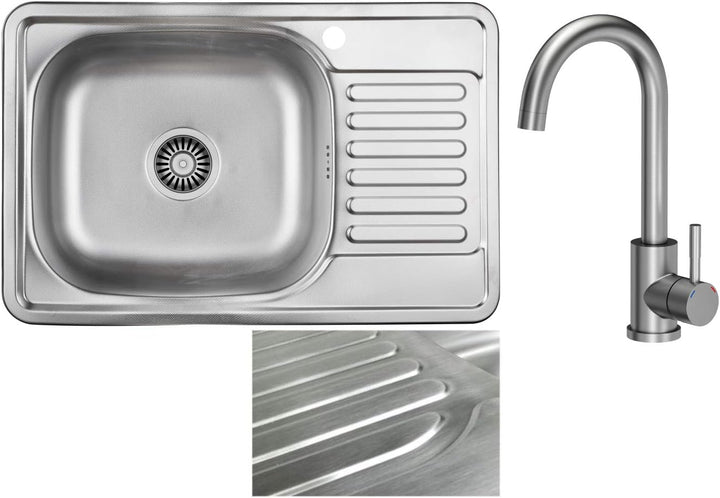 VBChome Einbauspüle mit Armatur 66x42 Satinstruktur Edelstahl Küchenspüle Spüle Ablagefläche Abtropf
