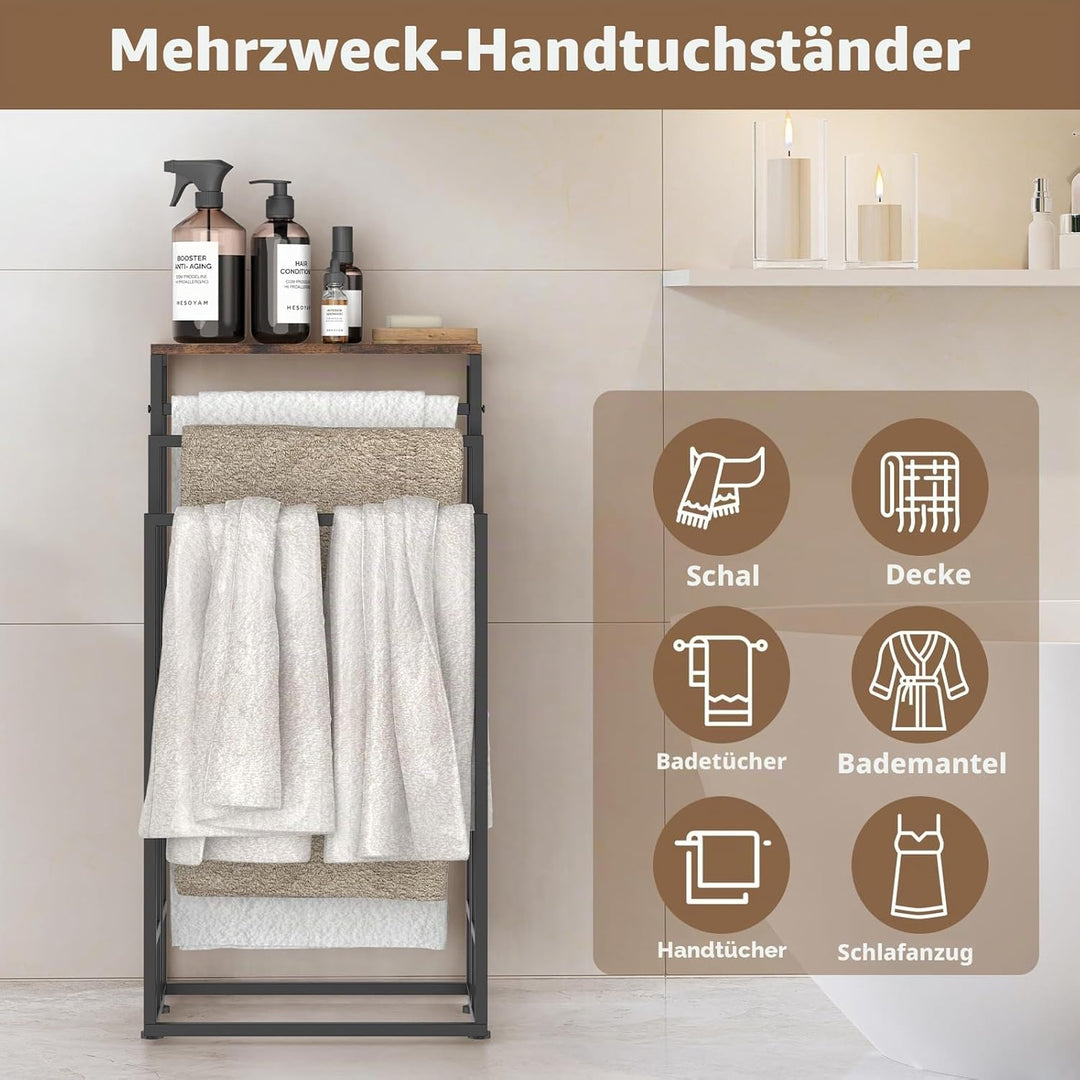 LIANTRAL Freistehender Handtuchhalter mit Holzregal, Badetuchhalter mit 3 Stangen, Handtuchständer a