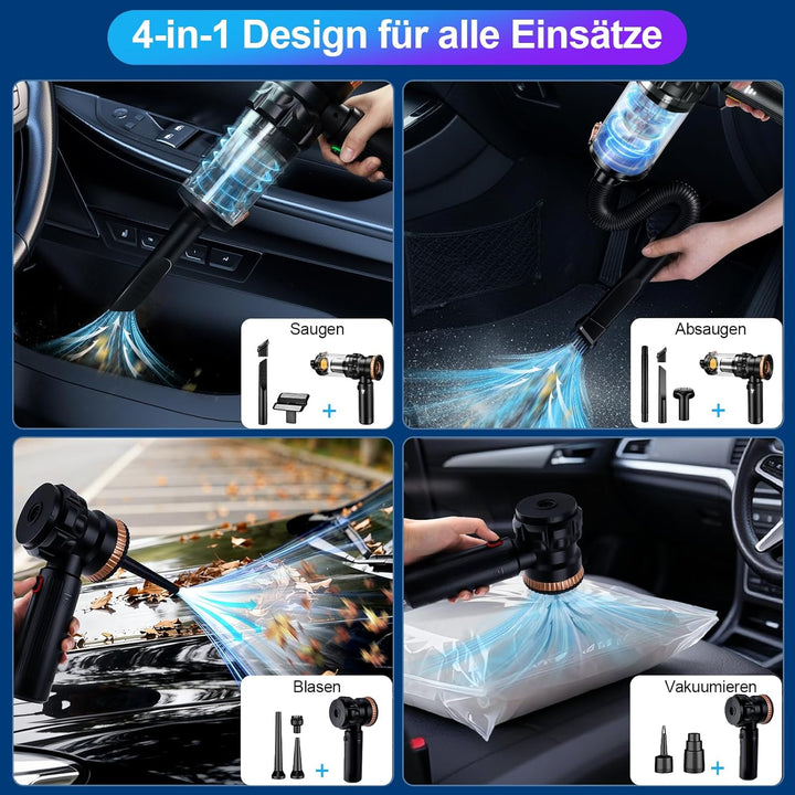 Handstaubsauger Auto, 4-in-1 Handstaubsauger Akku Kabellos, 28000Pa Autostaubsauger, 3-Gang Auto Min