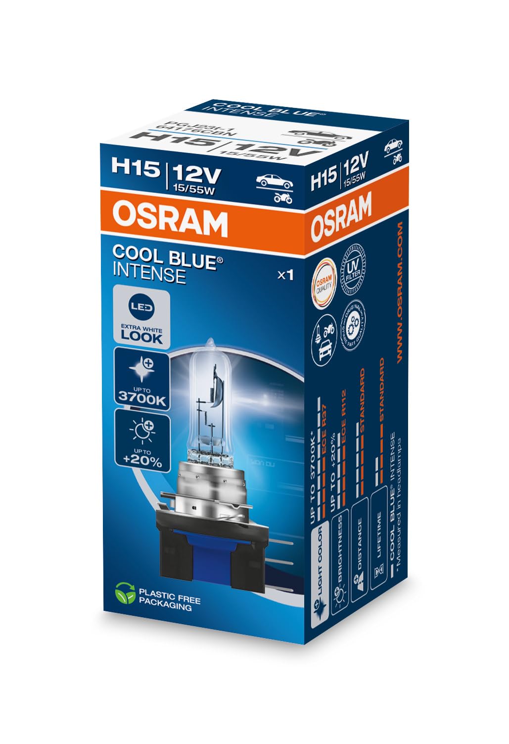 Osram COOL BLUE INTENSE H15, +20% mehr Helligkeit, bis zu 3.700K, Halogen-Scheinwerferlampe, LED-Loo