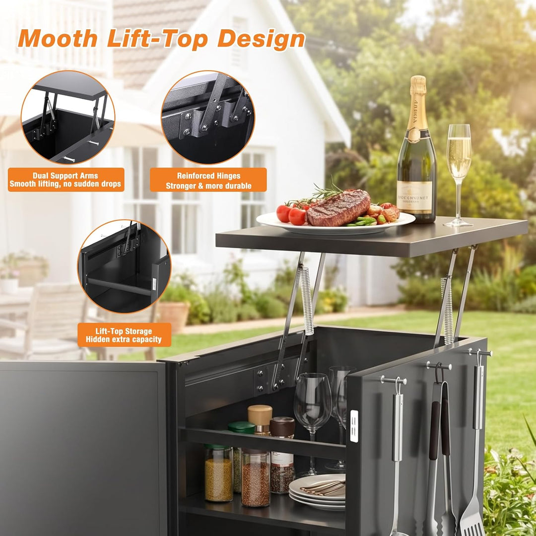 GFTIME Grillwagen mit Stauraum & Haken, Rollbarer Grilltrolley mit 4 Lenkrollen, Outdoor Beistelltis