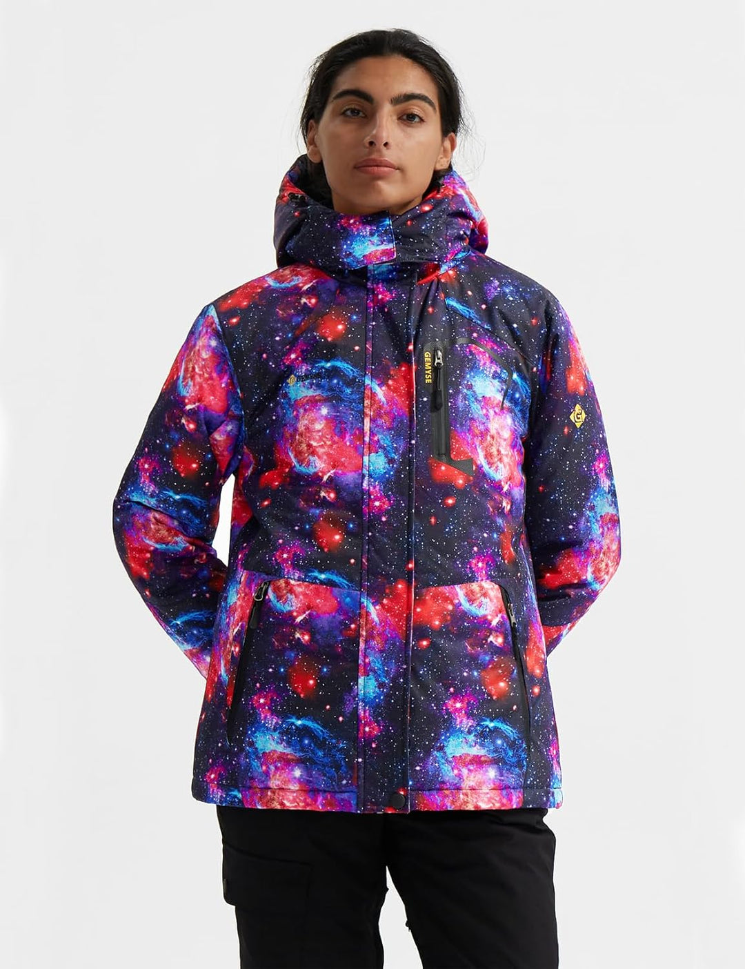 GEMYSE Damen Wasserdichte Berg-Skijacke Winddichte Fleece Outdoor-Winterjacke mit Kapuze Marineblaue