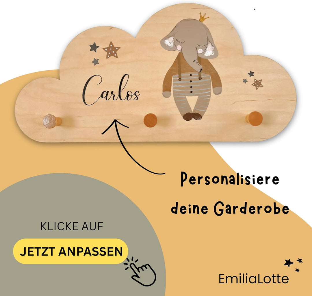 EmiliaLotte Kindergarderobe Personalisiert mit Wunschname I Garderobe Kinder aus Holz - Verschiedene