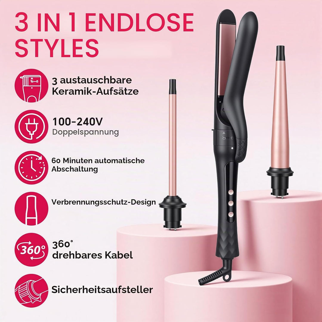 3-in-1 Lockenstab Set mit Glätteisen, Austauschbare Keramik-Turmalin Aufsätze für Grosse &amp; Kleine Lo