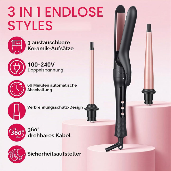 3-in-1 Lockenstab Set mit Glätteisen, Austauschbare Keramik-Turmalin Aufsätze für Grosse &amp; Kleine Lo