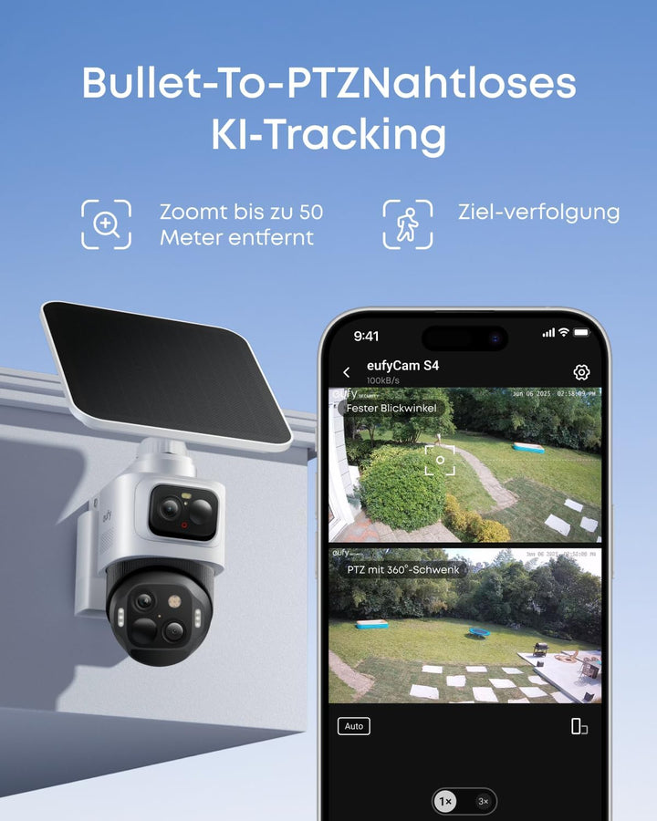 eufy Security eufyCam S4, kabellose Solar‑Outdoor‑Überwachungskamera, 3‑Linsen Bullet‑PTZ‑Kamera, 4K
