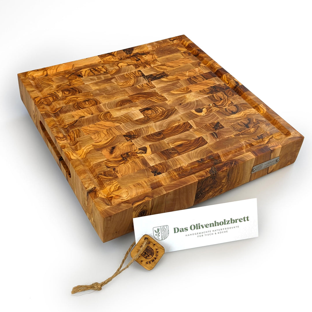 DAS OLIVENHOLZBRETT® Exklusives Mosaik Schneidebrett Mit Saftrille - Hirnholzbrett Aus Olivenholz -