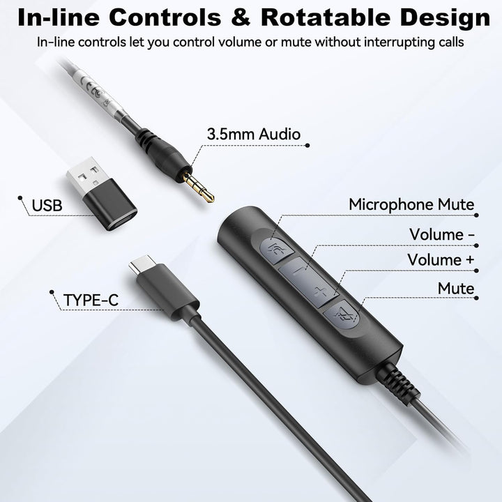 Wantek Headsets mit Mikrofon Noise Cancelling,USB/Typ-C/3.5mm Jack 3-in-1 PC Headsets,USB Headsets u