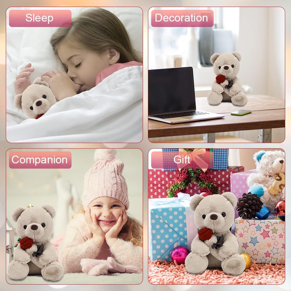 Teddybär, Plüsch-Bär, Teddy mit Rose, 23 cm Teddybären Rose Stofftier Spielzeug Dekozimmer Kissen, P