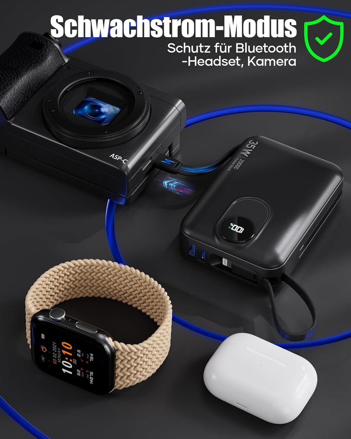 20000mAh Power Bank mit integriertem Kabel: 22.5W Schnell Aufladende Externe Batterie für Handy, USB