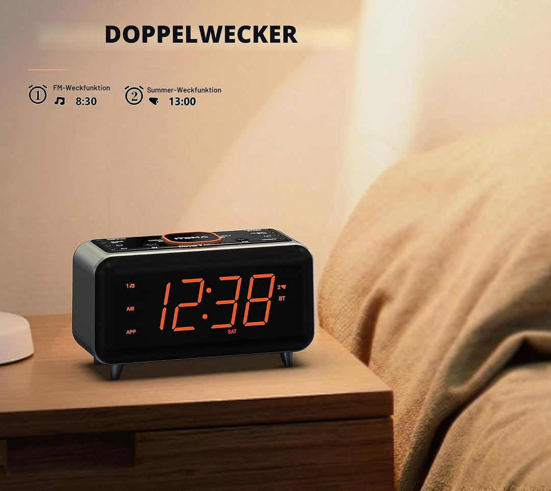 Radiowecker mit App-Steuerung, Bluetooth, FM-Radio, Dual Alarm von 4-Alarmmodi, Easy Snooze, Dimmer,