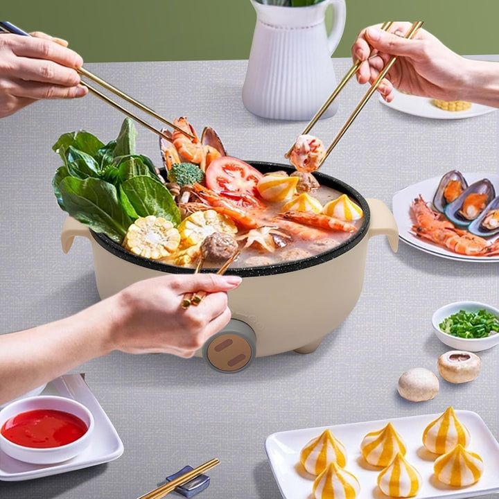 Elektrischer Hot Pot 1.5L mit 2 Dämpfern, Antihaft-Bratpfanne, Reisekocher für Braten/Ramen/Fondue/S