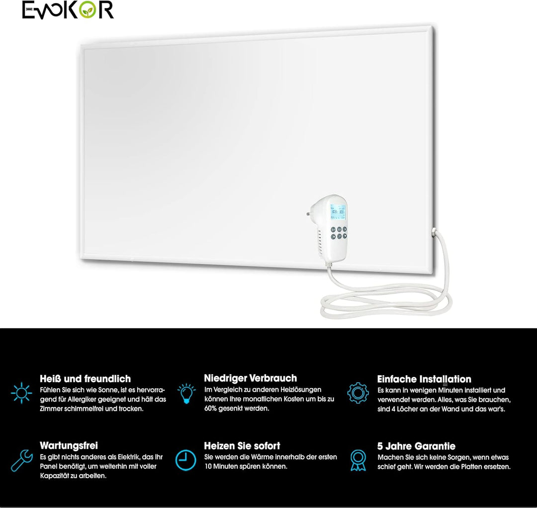 EVOKOR Infrarotheizung mit Thermostat 850W, Infrarot Heizung Wandmontage mit Überhitzungsschutz, Hei
