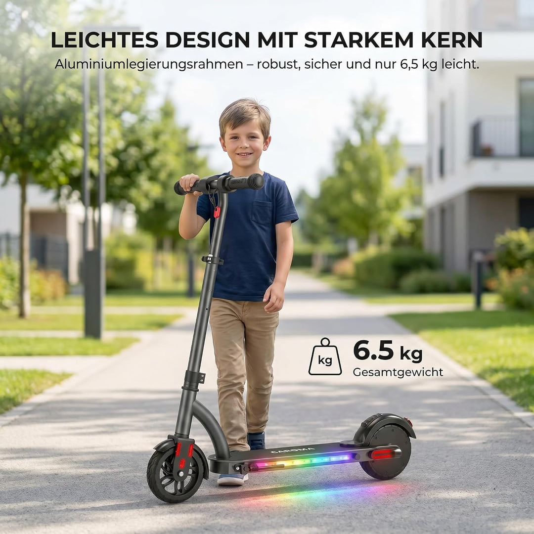 Caroma Kinder E Scooter für 6-12 Jahre, Doppeltes Bremssystem, 150W Motor bis 16 km/h, 12 km Reichwe