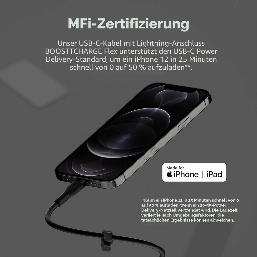 Belkin BoostCharge Flex Silikon-USB-C/Lightning-Kabel, 3 m, MFi-zertifiziert, 20 W, zum Schnellladen