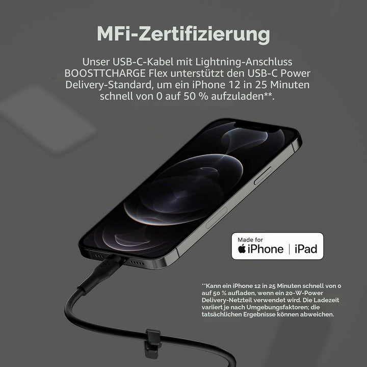 Belkin BoostCharge Flex Silikon-USB-C/Lightning-Kabel, 3 m, MFi-zertifiziert, 20 W, zum Schnellladen