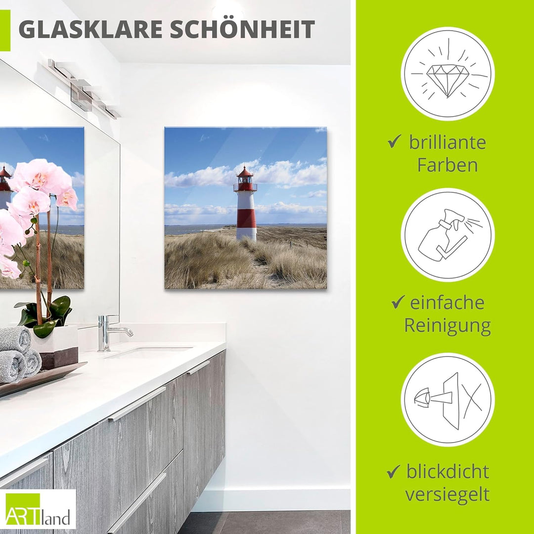 ARTland Glasbilder Wandbild Glas Bild einteilig 50x50 cm Quadratisch Strand Meer Nordsee Leuchtturm