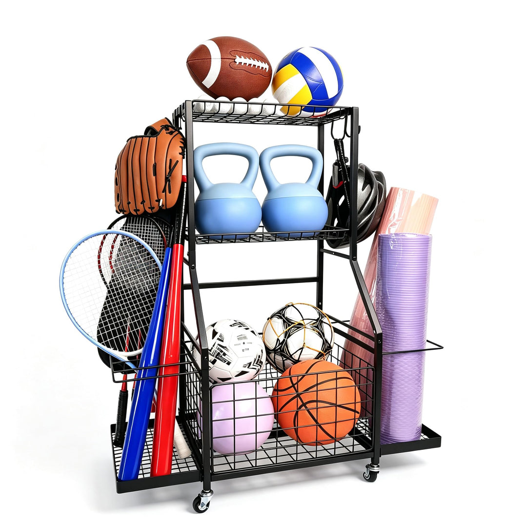 Garagen-Sportgeräte-Organizer, Garagenregal mit Haken und Rädern, Sportorganizer &amp; Ballablage für Fu