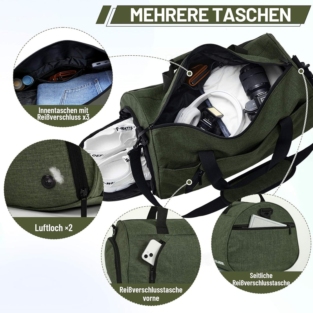 Sporttaschen für Damen und Herren, 25L Reisetasche Duffel Bag Übernachtungstasche mit Schuhfach & Na