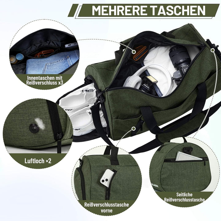 Sporttaschen für Damen und Herren, 25L Reisetasche Duffel Bag Übernachtungstasche mit Schuhfach & Na