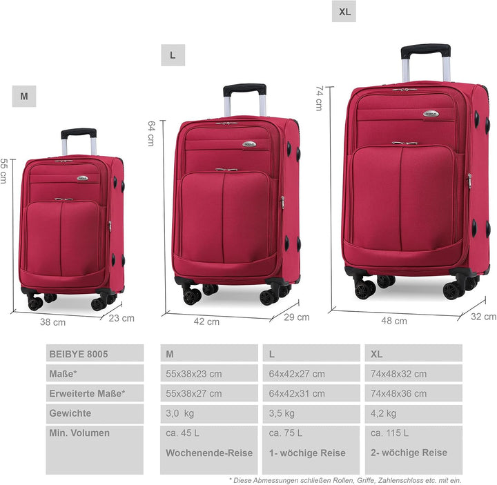 BEIBYE Kofferset Trolley Gepäckset Stoff Dehnungsfuge Koffer Reisekoffer (Weinrot), Weinrot