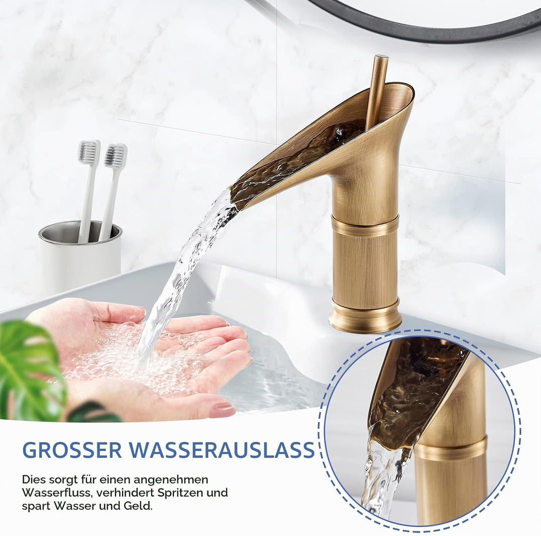 ROWINNAO Wasserfall Wasserhahn Bad Antik Messing, Kurz Waschtischarmatur Bad Retro Gold, Einhebel Ba