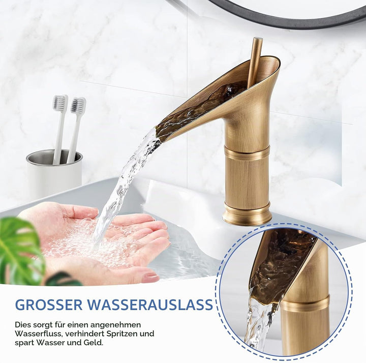 ROWINNAO Wasserfall Wasserhahn Bad Antik Messing, Kurz Waschtischarmatur Bad Retro Gold, Einhebel Ba