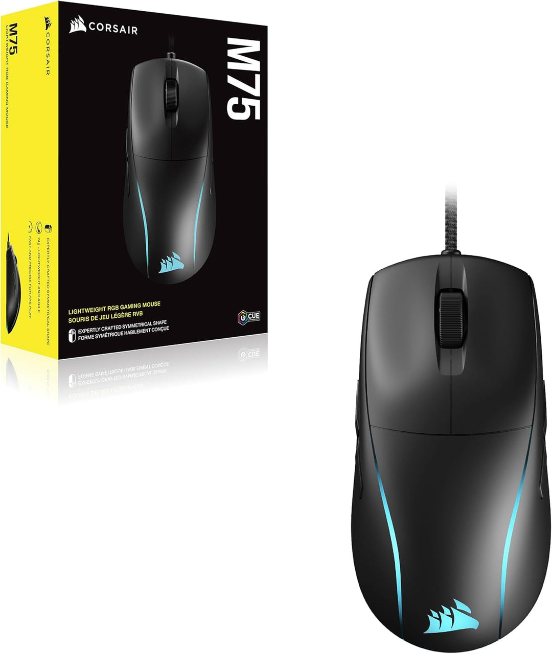 Corsair M75 Wired RGB Leichte FPS Gaming-Maus – 26.000 DPI – Austauschbare Seitentasten – PC – Schwa