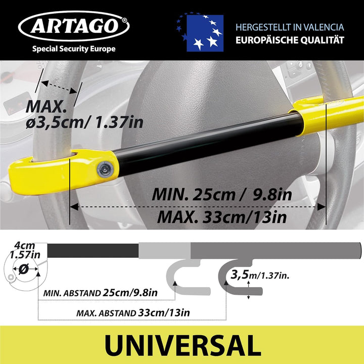 Artago 840A/B Lenkradkralle Auto Universal, Kompakte Schwenkarretierung, Hochsicherheitsschloss mit