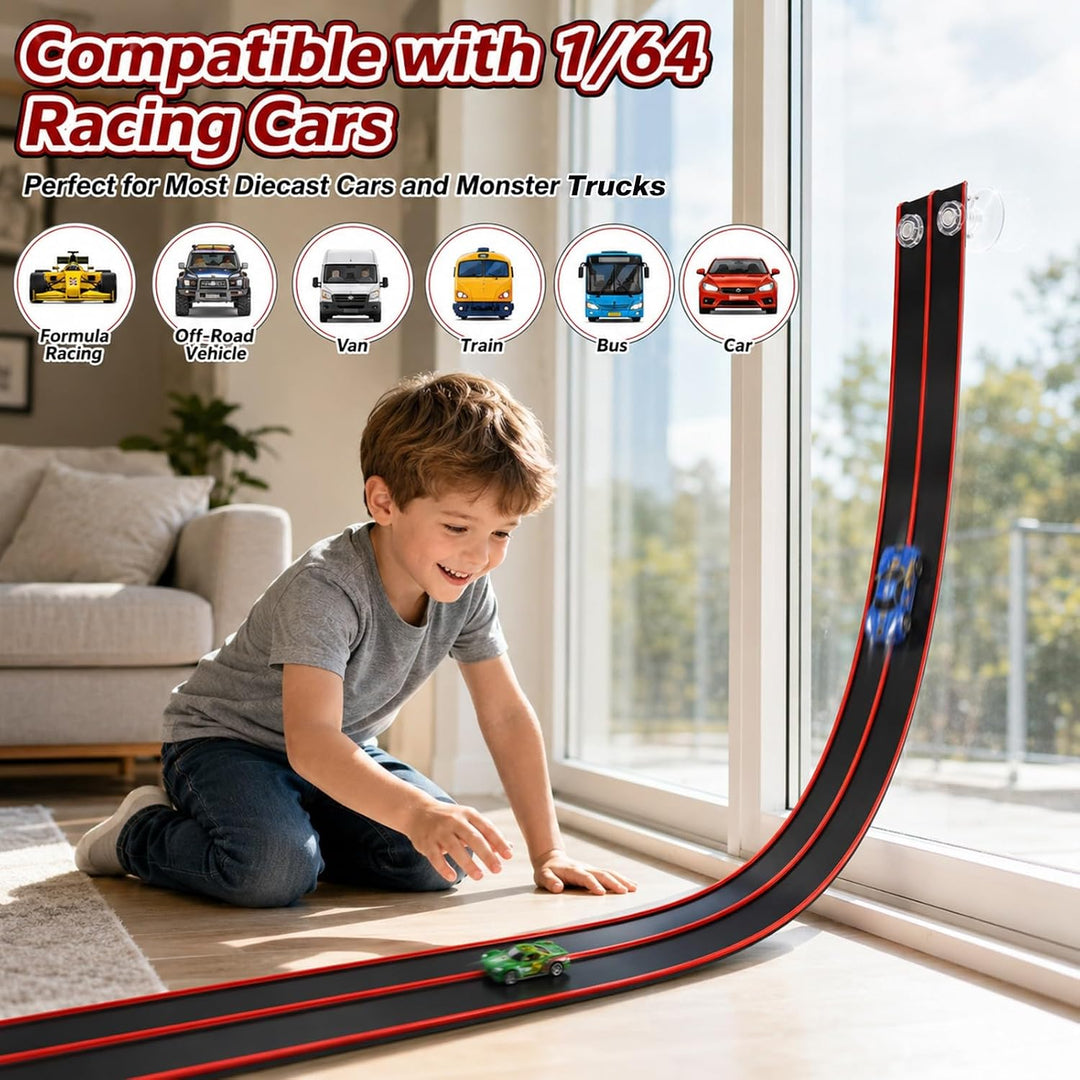 Flexible Autorennbahn Kinder, 4,5m Rennbahn Inklusive 4 Autos, Tragbare Dual-Rennstrecke für 1:64 Au