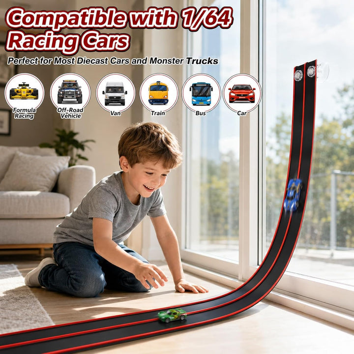 Flexible Autorennbahn Kinder, 4,5m Rennbahn Inklusive 4 Autos, Tragbare Dual-Rennstrecke für 1:64 Au