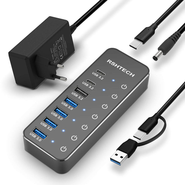 USB C 3.2 Hub Aktiv mit Netzteil, RSHTECH 7 Port USB 3.1 Gen2 Hub mit 3*10Gbps Datenports (Type-A, 2
