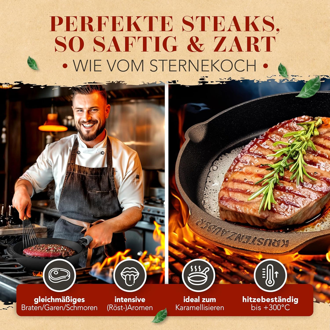 KRUSTENZAUBER 28cm Gusseisenpfanne Induktion Set - Voreingebrannte Gusseisen Pfanne - Ideale Grillpf